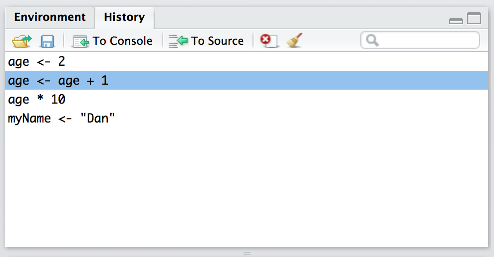The history panel is located in the top right hand side of the RStudio window. Click on the word "History" and it displays this panel.