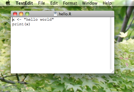 A screenshot showing the `hello.R` script if you open in using the default text editor (TextEdit) on a Mac. Using a simple text editor like TextEdit on a Mac or Notepad on Windows isn't actually the best way to write your scripts, but it is the simplest. More to the point, it highlights the fact that a script really is just an ordinary text file.